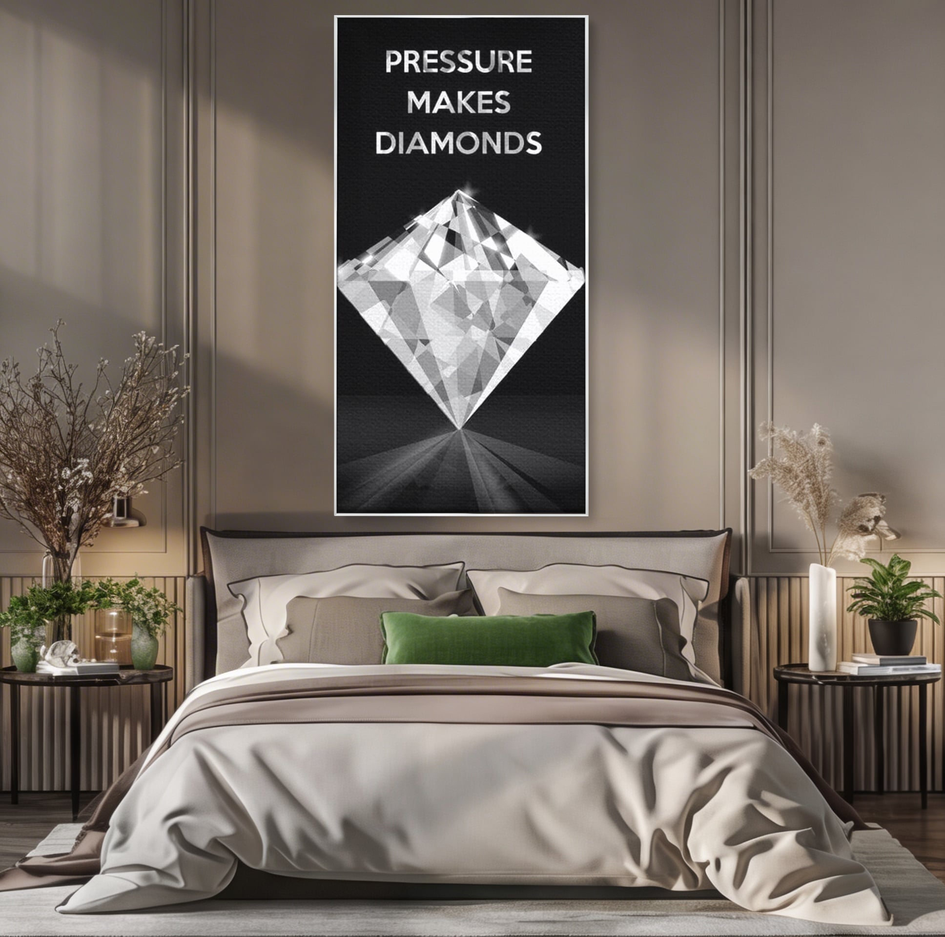 Tablou canvas cu tablou motivational cu diamant argintiu, in rama de aluminiu argintiu, pe perete intr-un dormitor